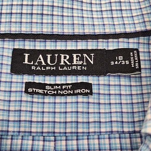 Lauren Ralph Lauren Dress Shirt 18 34/35 2XL Blue Plaid Check Slim Stretch Fit - Picture 3 of 13